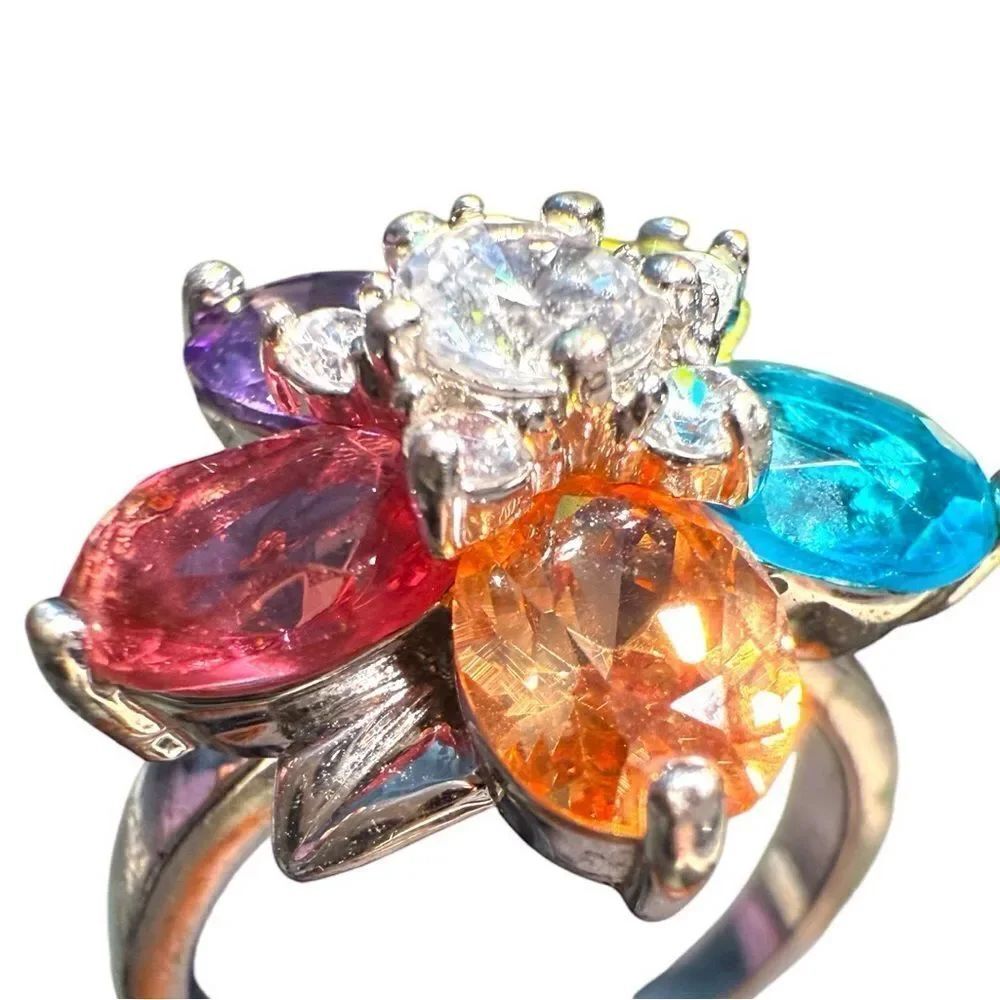 Colorful Flower Cocktail Ring with Multicolor Gemstones – Size 9.5